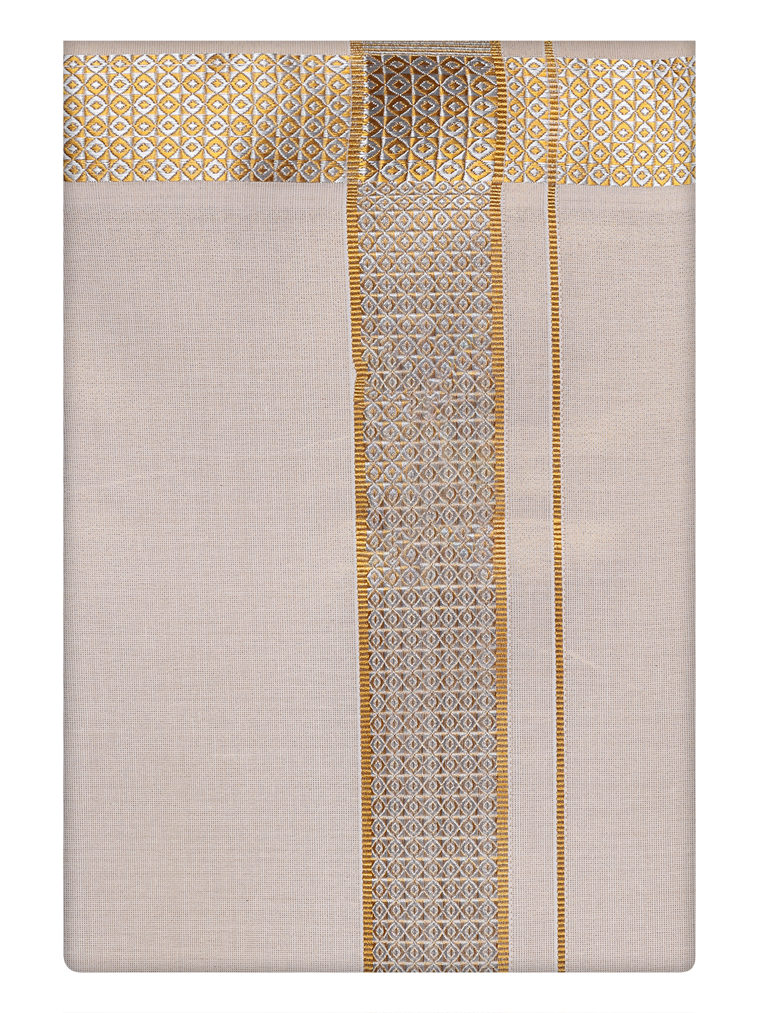 Mens Tissue Gold Dhoti with Intricate Jacquard Border by Minister White