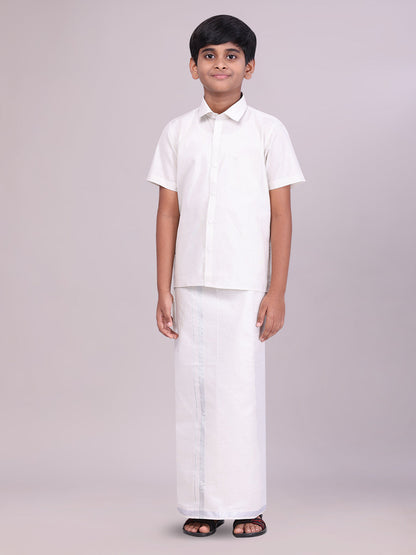 Kids Silver Color Tissue Shirt with Jari Dhoti Combo side pose