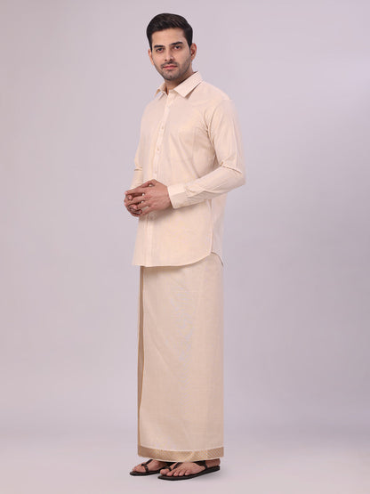 Men's Gold Tissue Shirt and Dhoti Set with Intricate Jacquard Border Plum side pose