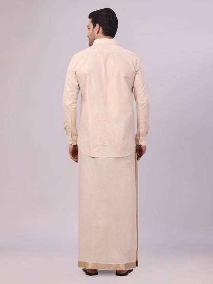 Men's Gold Tissue Shirt and Dhoti Set with Intricate Jacquard Border Plum back pose