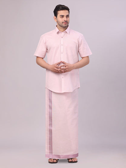 Men's Rose Tissue Shirt and Dhoti Set with Intricate Jacquard Border Plum