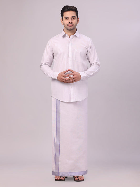 Men's Lavender Tissue Shirt and Dhoti Set with Intricate Jacquard Border Plum