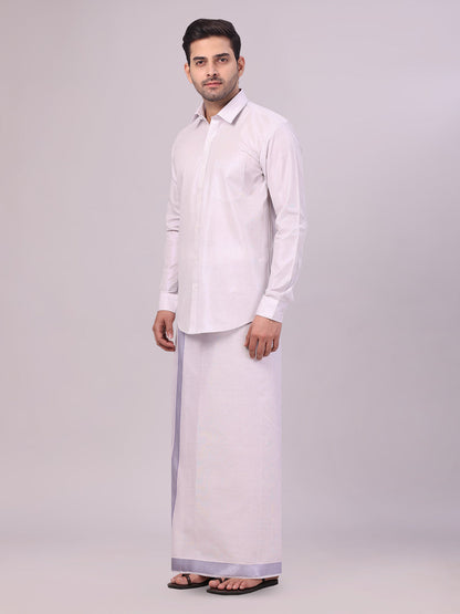 Men's Lavender Tissue Shirt and Dhoti Set with Intricate Jacquard Border Plum