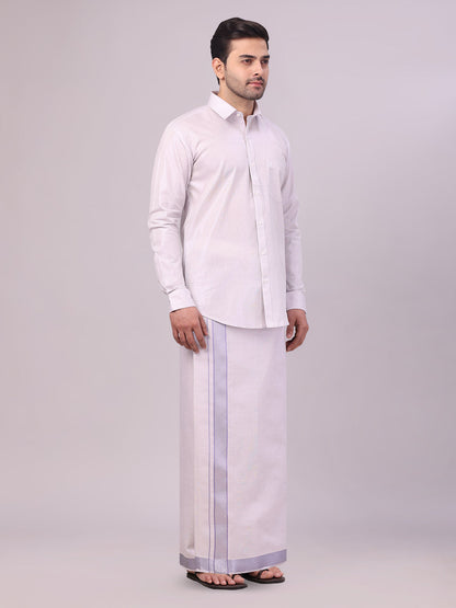 Men's Lavender Tissue Shirt and Dhoti Set with Intricate Jacquard Border Plum side pose