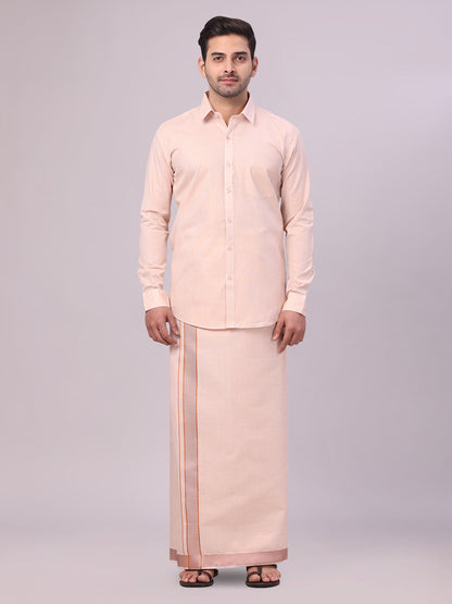 Men's Copper Tissue Shirt and Dhoti Set with Intricate Jacquard Border Plum