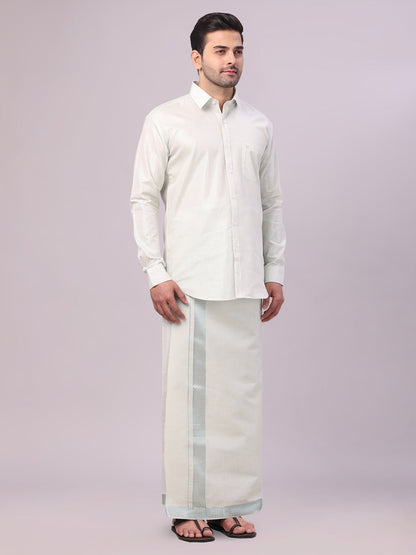 Men's Leaf Green Tissue Shirt and Dhoti Set with Intricate Jacquard Border Plum side pose