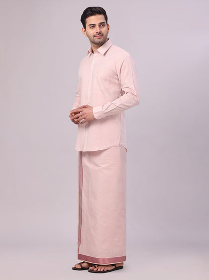 Men's Maroon Tissue Shirt and Dhoti Set with Intricate Jacquard Border Plum side pose