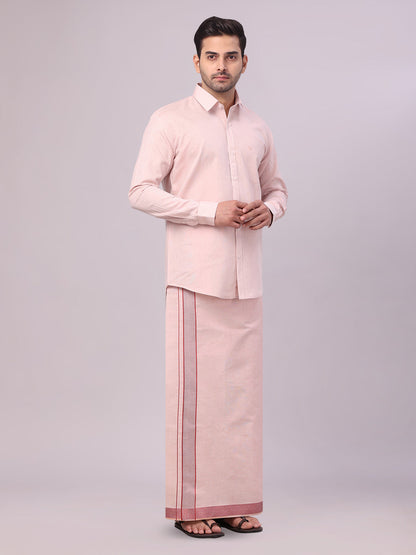 Men's Maroon Tissue Shirt and Dhoti Set with Intricate Jacquard Border Plum side pose