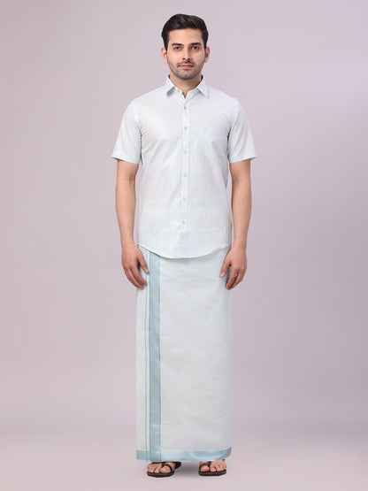 Men's Mint Blue Tissue Shirt and Dhoti Set with Intricate Jacquard Border Plum