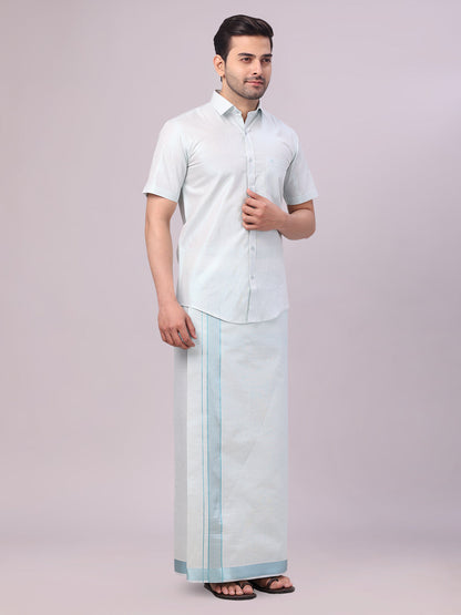 Men's Mint Blue Tissue Shirt and Dhoti Set with Intricate Jacquard Border Plum side pose