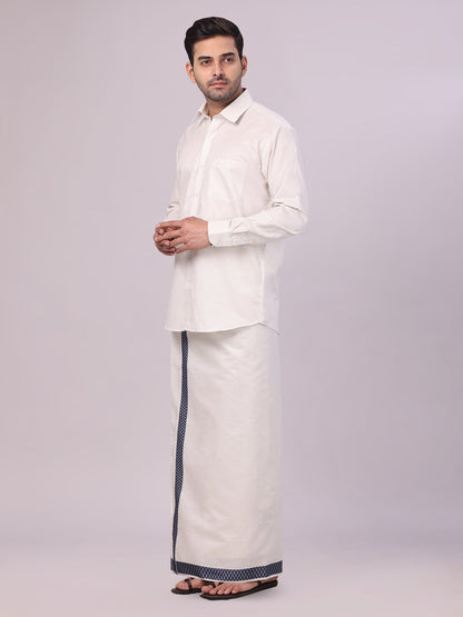 Men's Silver Tissue Stripe Shirt and Dhoti Combo with Jacquard Border Kane side pose