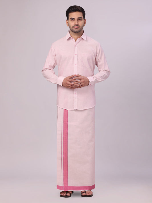 Men's Rose Tissue Stripe Shirt and Dhoti Combo with Jacquard Border Kane