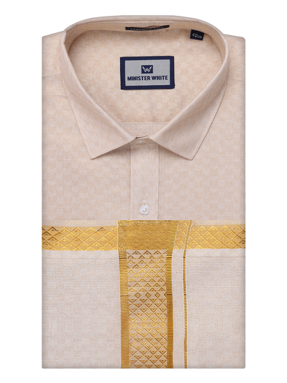 Mens Gold Tissue Jacquard Shirt with Matching Dhoti Combo Zeebra by Minister White