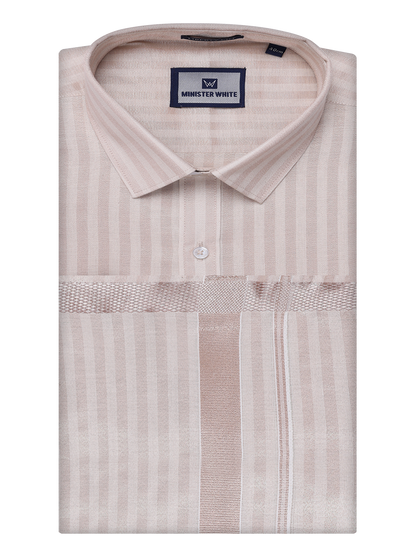 Mens Tissue Stripes Almond Shirt & Jari Border Dhoti Wedding Combo Finely by Minister White