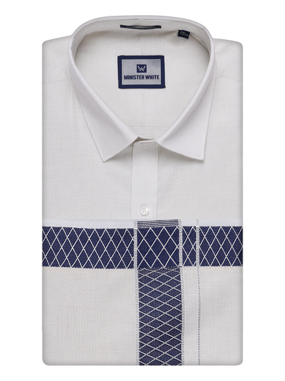 Mens Silver Tissue Stripe Shirt and Dhoti Combo with Jacquard Border Kane by Minister White