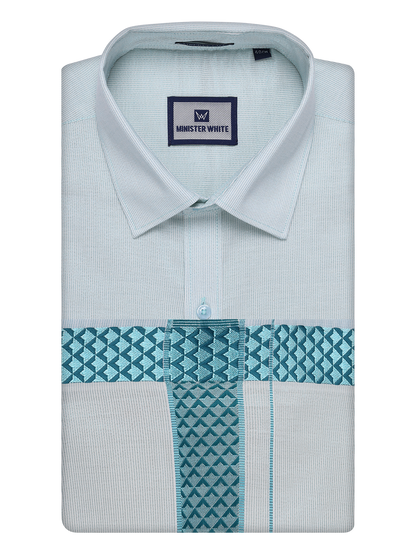 Mens Mint Blue Tissue Stripe Shirt and Dhoti Combo with Jacquard Border Kane by Minister White