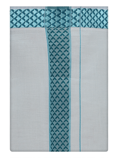 Mens Tissue Mint Blue Color Jacquard Border Dhoti by Minister White