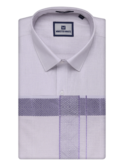 Mens Lavender Tissue Shirt and Dhoti Set with Intricate Jacquard Border Plum by Minister White