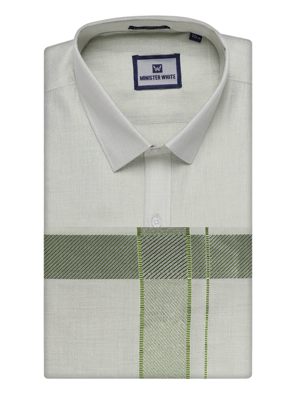Mens Sky Green Tissue Shirt and Dhoti Set with Intricate Jacquard Border Plum by Minister White