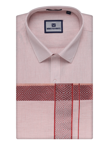 Mens Maroon Tissue Shirt and Dhoti Set with Intricate Jacquard Border Plum by Minister White