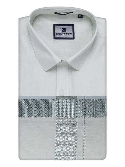 Mens Leaf Green Tissue Shirt and Dhoti Set with Intricate Jacquard Border Plum by Minister White