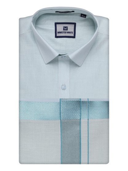 Mens Mint Blue Tissue Shirt and Dhoti Set with Intricate Jacquard Border Plum by Minister White