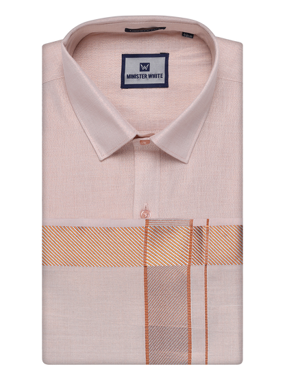 Mens Copper Tissue Shirt and Dhoti Set with Intricate Jacquard Border Plum by Minister White