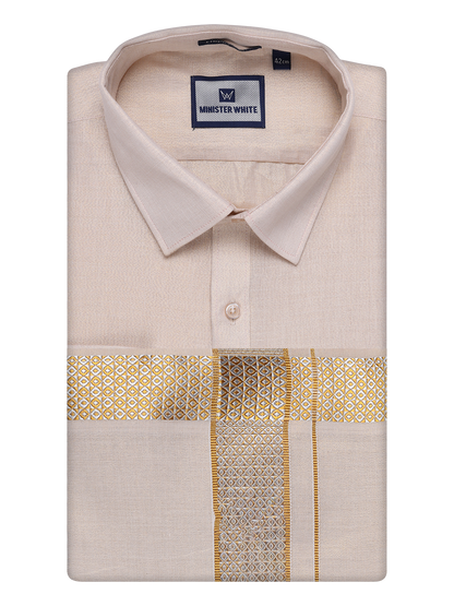 Mens Gold Tissue Shirt and Dhoti Set with Intricate Jacquard Border Plum by Minister White