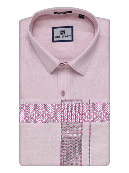 Mens Rose Tissue Shirt and Dhoti Set with Intricate Jacquard Border Plum by Minister White