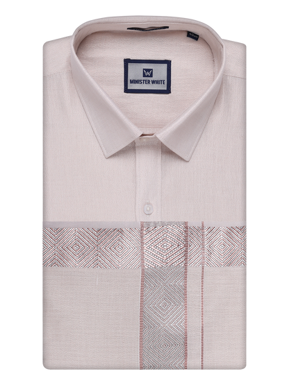 Mens Almond Tissue Shirt and Dhoti Set with Intricate Jacquard Border Plum by Minister White