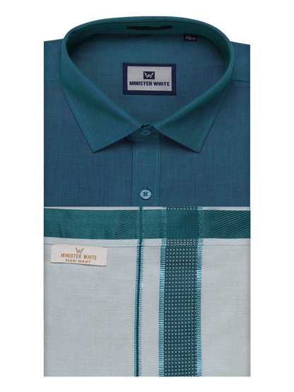 Men's Cotton Green Shirt with Tissue Matching Border Flexi Dhoti Wedding Combo Kandala