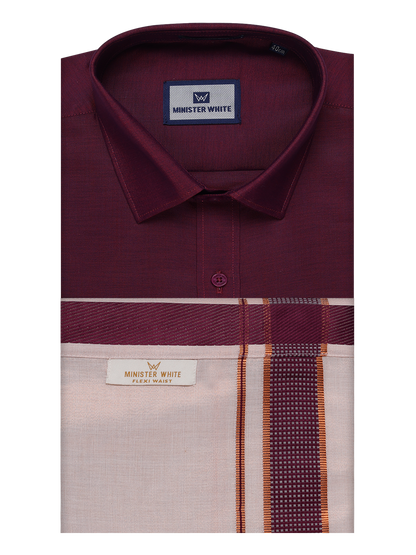Men's Cotton Maroon Shirt with Tissue Matching Border Flexi Dhoti Wedding Combo Kandala