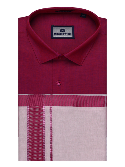 Mens Cotton Magenta Shirt with Tissue Matching Border Dhoti Wedding Combo Kandala by Minister White