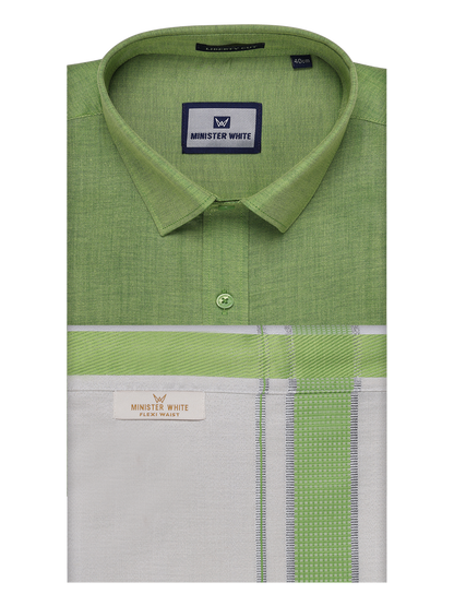 Men's Cotton Light Green Shirt with Tissue Matching Border Flexi Dhoti Wedding Combo Kandala