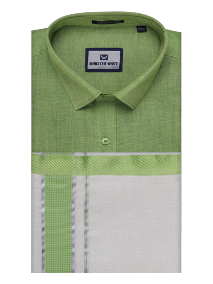 Mens Cotton Light Green Shirt with Tissue Matching Border Dhoti Wedding Combo Kandala by Minister White