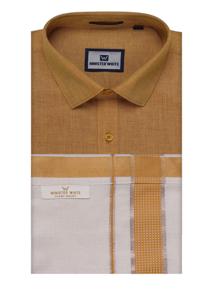 Men's Cotton Mustard Shirt with Tissue Matching Border Flexi Dhoti Wedding Combo Kandala