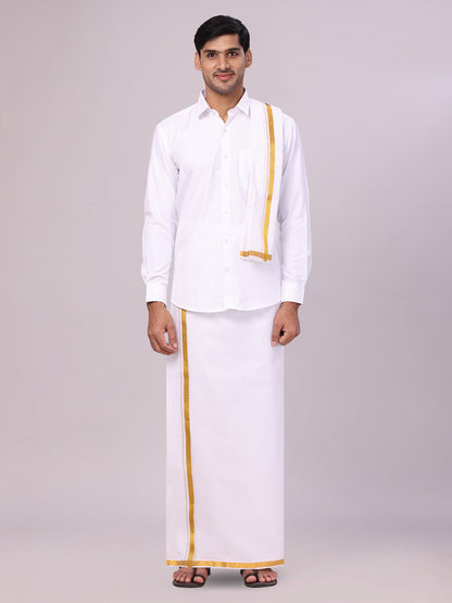 Men's White Full Sleeves Wedding Shirt, Dhoti & Nerial Combo - Cistus White