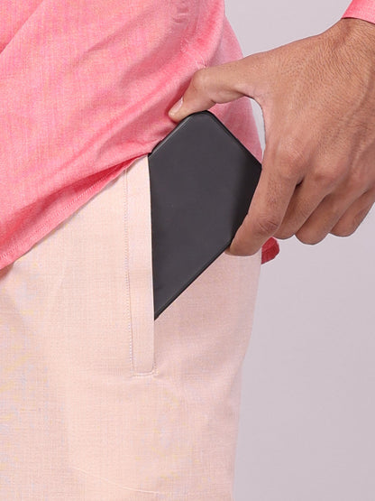 Men's Cotton Pink Shirt with Tissue Matching Border Flexi Pocket Dhoti Wedding Combo Kandala