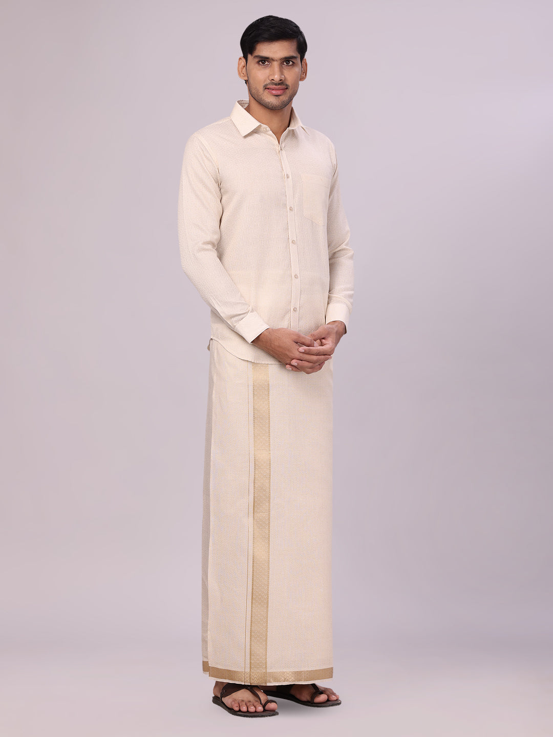 Men's Beige Tissue Jacquard Shirt with Matching Dhoti Combo 
