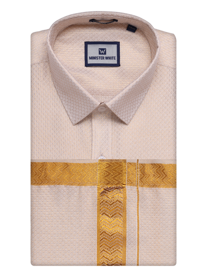 Mens Gold Tissue Jacquard Shirt with Matching Dhoti Combo Zeus by Minister White