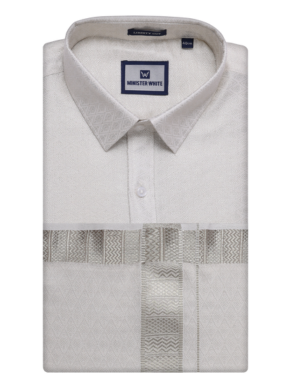 Mens Silver Tissue Jacquard Shirt with Matching Dhoti Combo Zeus by Minister White