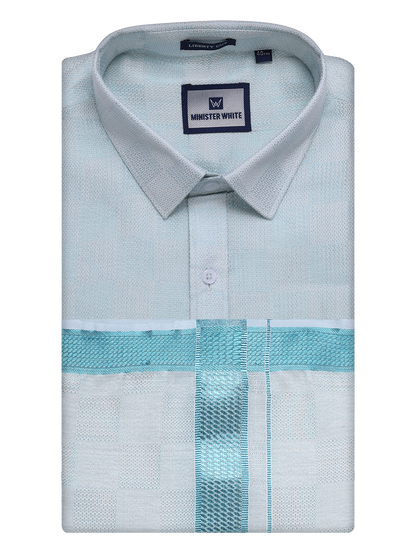 Mens Mint Blue Tissue Jacquard Shirt with Matching Dhoti Combo Zeus by Minister White
