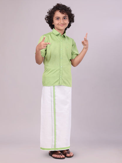 Kids Light Green Color Cotton Shirt with Matching Border Tissue Dhoti Combo