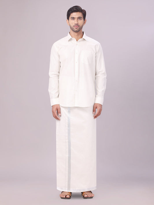Men's Tissue Silver Colour Dhoti Shirt Wedding Combo Maverick