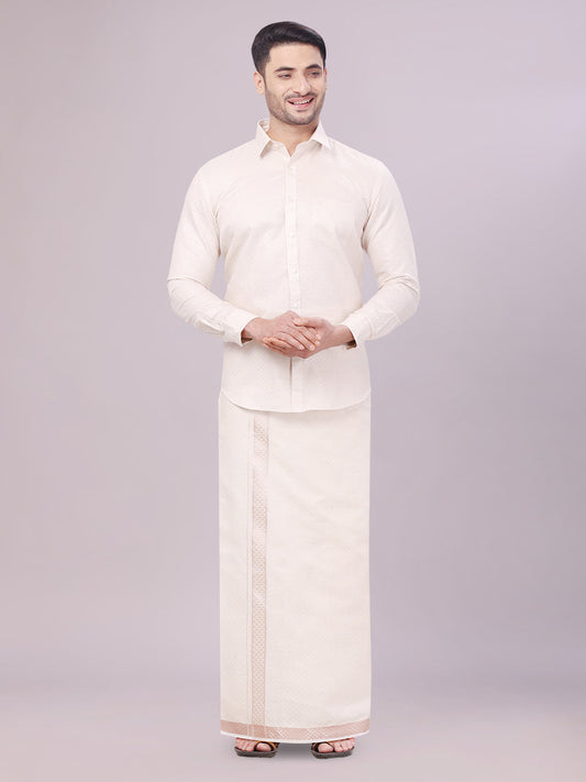 Mens Almond Tissue Jacquard Shirt with Matching Dhoti Combo Zeebra