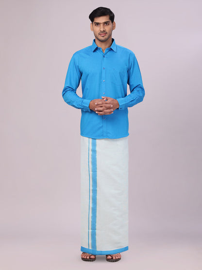 Mens Cotton Blue Shirt with Tissue Matching Border Flexi Dhoti Wedding Combo Kandala