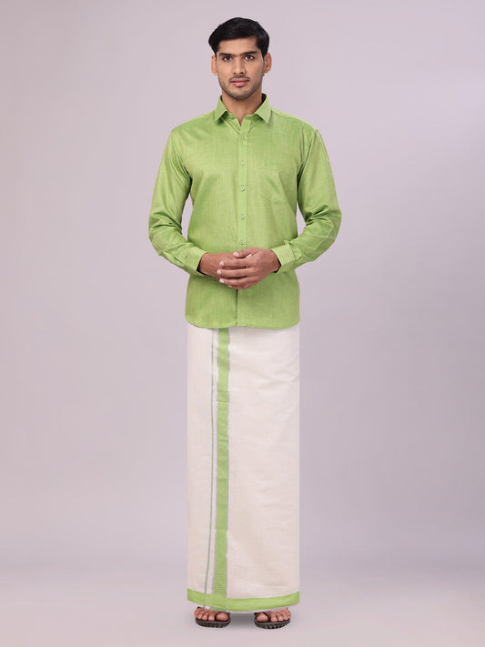 Men's Cotton Light Green Shirt with Tissue Matching Border Dhoti Wedding Combo Kandala