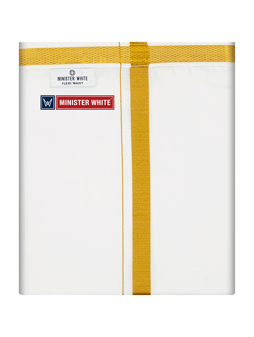 Mens Cotton White Double Layered with Gold Jari Velcro Pocket Dhoti - Energy by Minister White
