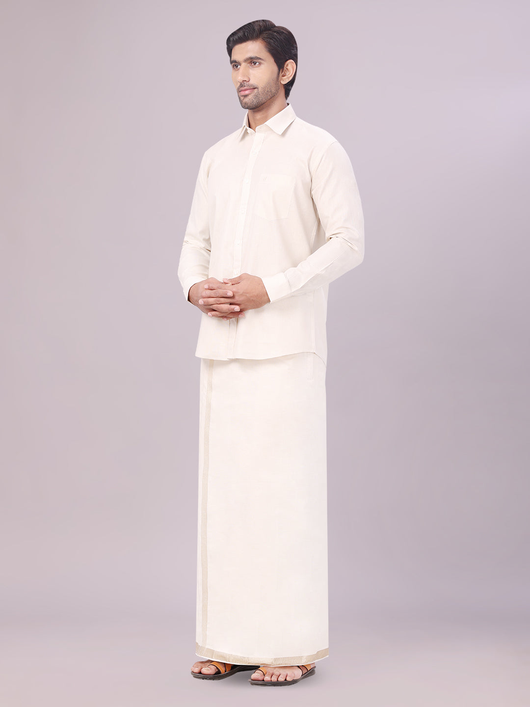 Men's Beige Color Tissue Shirt with Jari Dhoti Combo