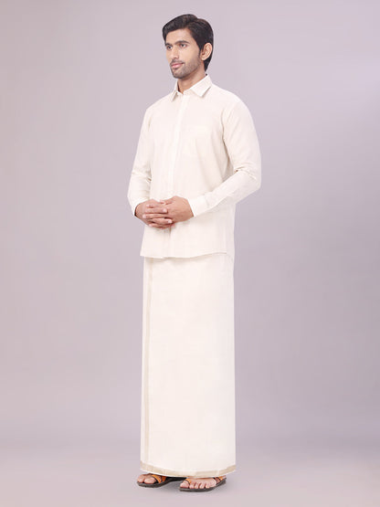 Men's Beige Color Tissue Shirt with Jari Dhoti Combo